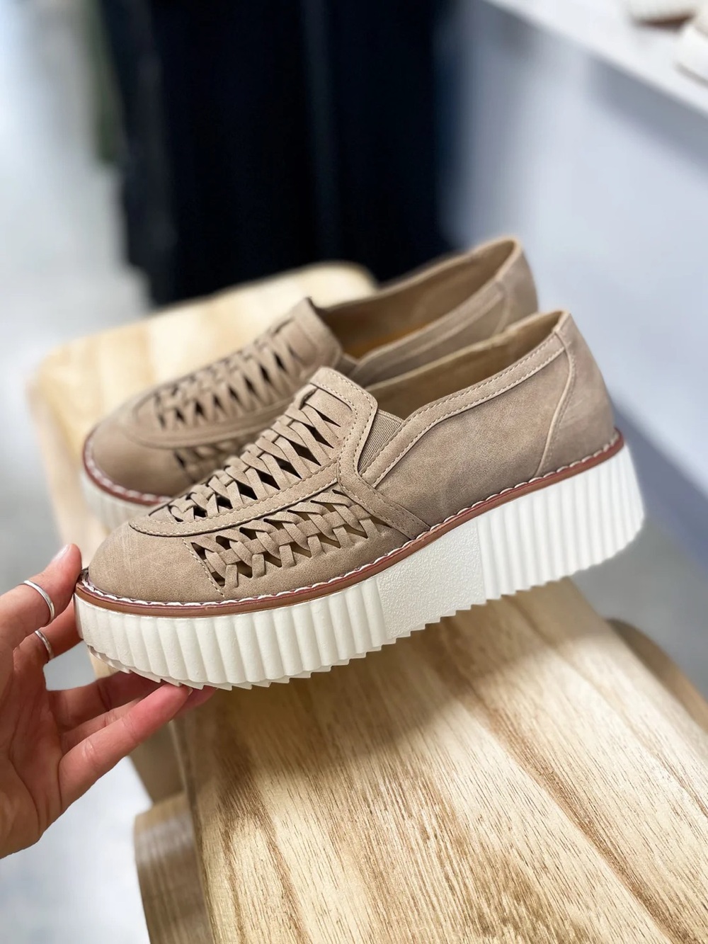 Pierre Dumas Taupe Woven Platform Slip-Ons with White Sole